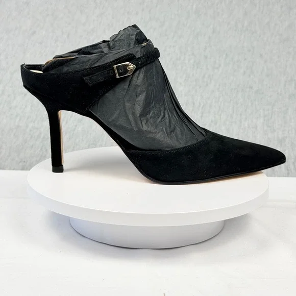 Nine West Danela Black Suede Pointed Toe Mule Heels 6.5M Gold Buckle Strap - Picture 9 of 11